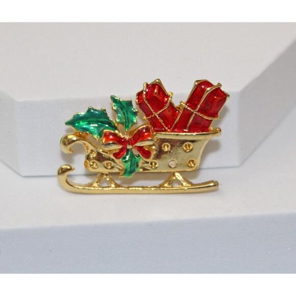 Small Gold Tone Christmas Sleigh Brooch Pin VP10 - Picture 3 of 4
